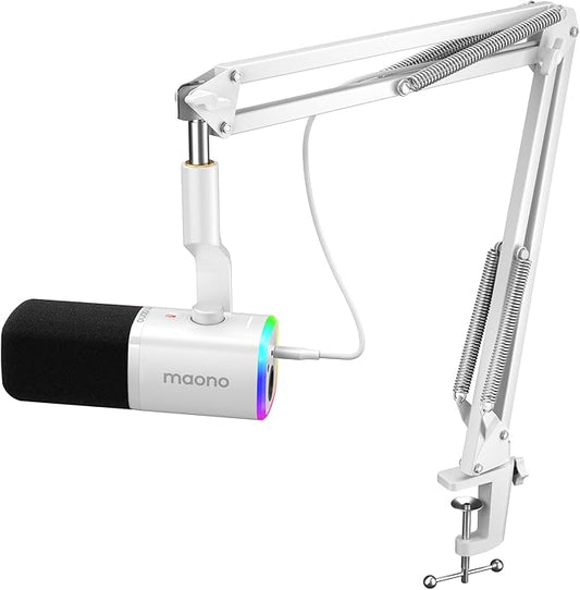 MAONO XLR/USB Gaming Microphone for PC, Dynamic Computer Mic for Streaming Podcasting, Noise Reduction, Mute, Volume Control, RGB Boom Mic for Vocal Recording,Voice-Over, PD100XS White