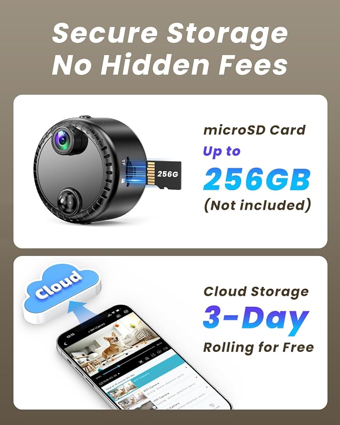 VIDCASTIVE 4K Mini Hidden Camera 2.4G/5G WiFi Wireless Indoor Security Camera for Home/Pet/Travel, AI Human Detection, Night Vision, Long Battery Life, SD & Cloud Storage