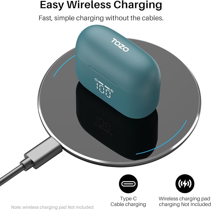 TOZO T20 Wireless Earbuds, Bluetooth 5.3 Headphones with 97H Playtime, IPX8 Waterproof, Dual Mic ENC Call Noise Cancelling, Deep Bass Sound, LED Display, Wireless Charging Case