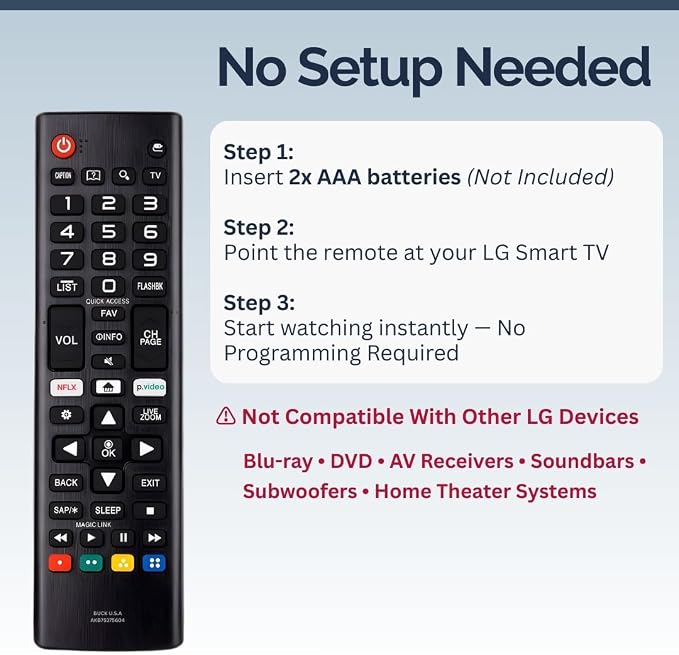 AKB75375604 LG TV Remote Control Replacement for Smart TV - Easy Setup Remote, Streaming Shortcuts - Works with LG 4K, UHD, LED, OLED Smart HDTV Models (AKB75095307 AKB74915305 AKB76040302)