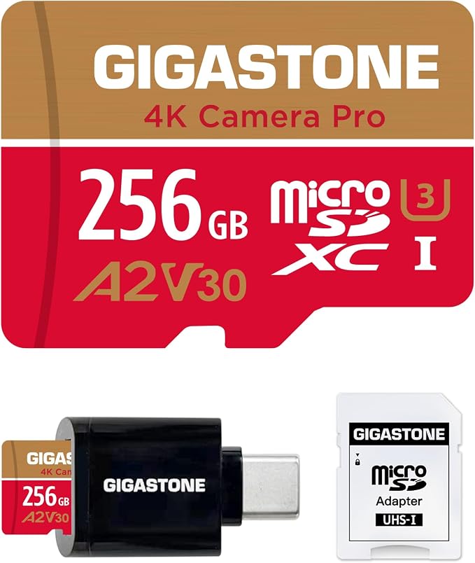 [5-Years Data Recovery] Gigastone 256GB Micro SD Card, 4K Camera Pro, A2 V30 UHS-I U3, Up to 100MB/s, for Smartphone, GoPro, Action Cam, 4K UHD Video, Nintendo Switch, with Adapter & USB-C Reader