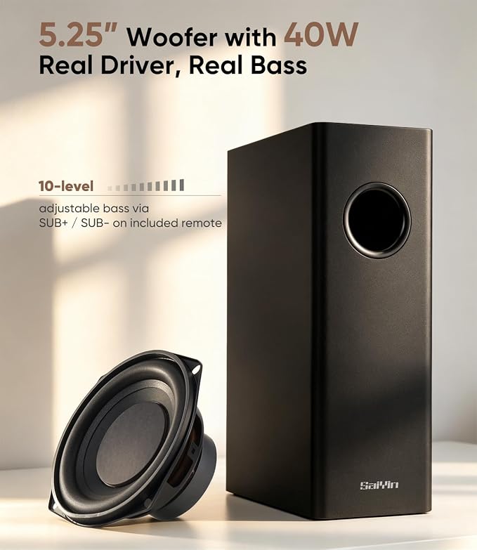 Saiyin 11.7" Sound Bar with Subwoofer, Deep Bass, Bluetooth/AUX/Optical | 2.1CH Surround Sound for TV, 40W Subwoofer, 88W Peak Power, Perfect for Small TVs/PC Monitors/Rooms/Home Offices/Kitchens/RVs