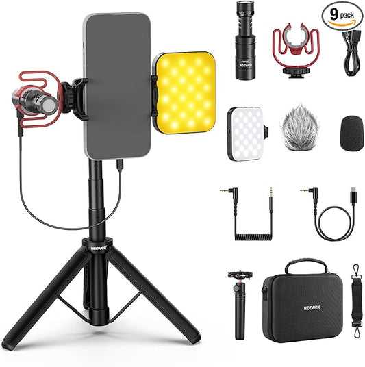 NEEWER Basics PA050 Vlogging Kit for iPhone Android Phone for YouTube TikTok Streaming Video Recording, Selfie Stick Tripod + Microphone + LED Fill Light, Youtuber Starter Content Creator Essentials