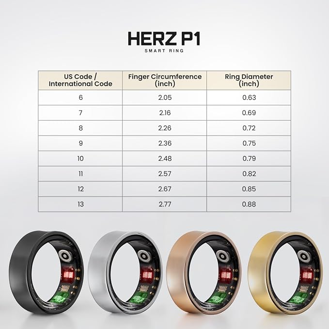 Herz P1 Smart Ring for Women & Men - (Size 6) 24/7 Health Metrics Fitness Ring, Tracks 20+ Biometrics, 6 Day Battery Life, Waterproof Stainless Steel, Free APP for iOS Android, No Subscription