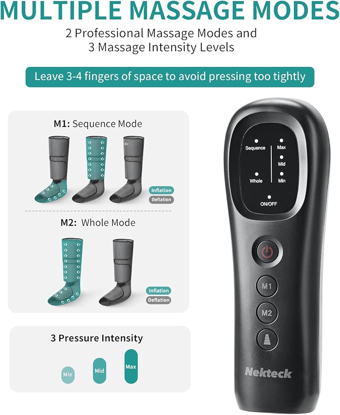 Nekteck Leg Massager for Circulation and Relaxation, Air Compression Foot and Calf Massager to Relieve Pain Edema Swelling with 2 Size Extensions, Massage Tools for Mom Dad Men Women
