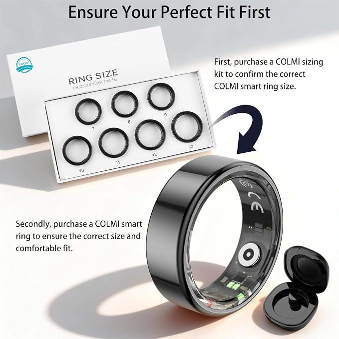 COLMI R02 Smart Ring, Smart Ring for Women and Men, No Subscription Fee, with a Charging Case, Supports Heart Rate, Blood Oxygen, Sleep Health Monitoring. (Black, 8#)