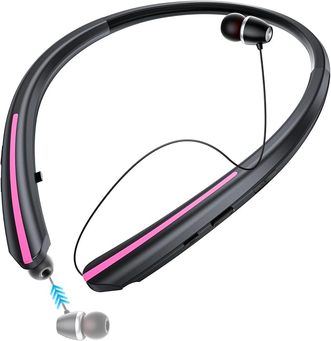Neckband Retractable Bluetooth Headphones, Wireless Headset with 22H Playtime, Sweat-Resistant Sports, Dual Device Connect, Noise Cancelling Earphones with Mic (Pink)