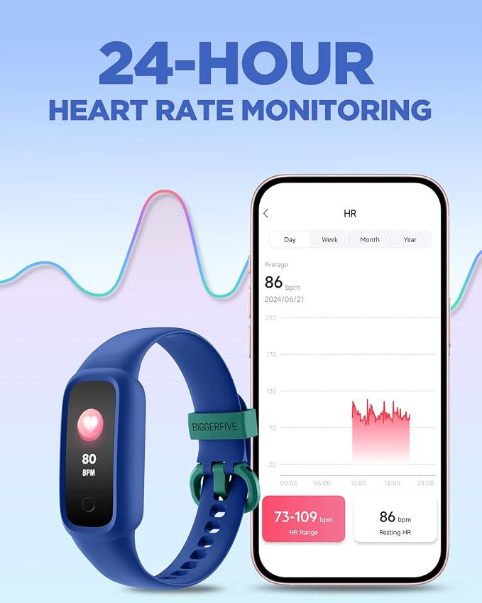 BIGGERFIVE Vigor 2 L Kids Fitness Tracker Watch for Boys Girls Ages 5-15, Activity Tracker, Heart Rate Sleep Monitor, IP68 Waterproof, Pedometer, Calorie Step Counter Watch, Blue