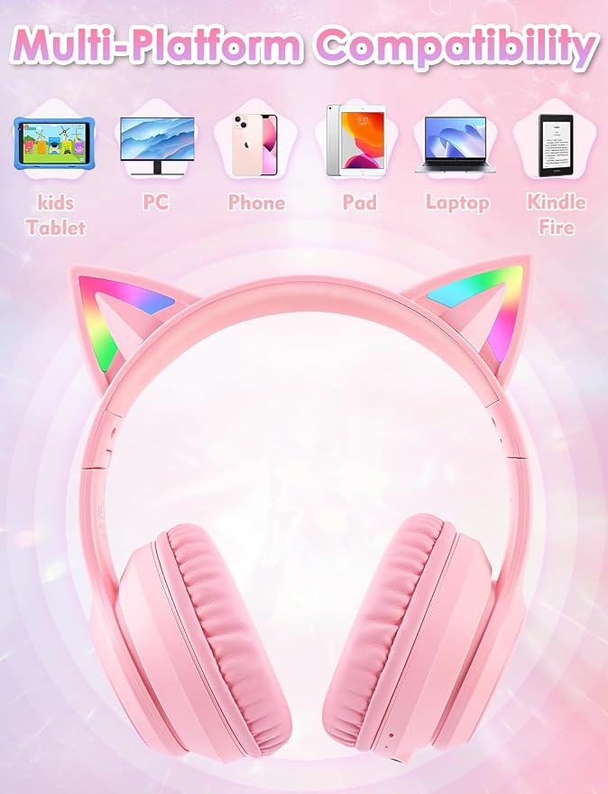 Bluetooth Kids Headphones with Microphone, Cat Ear LED Light Up and 85dB Volume Limited Toddlers Study Headphone, Wireless Foldable HI-FI sound Over-Ear School Headphones for iPhone/iPad/Laptop/PC