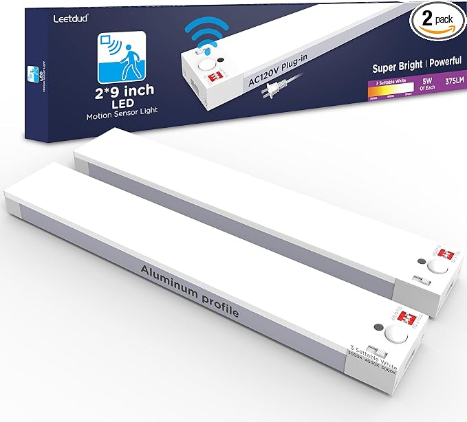 Leetdud Under Cabinet Lighting Plug in 9 Inch, 120V Motion Sensor Lights Indoor, 3CCT 3000/4000/5000K, Aluminum Linkable Super Bright LED Counter Light with Timer for Kitchen, Shelf, Closet, 2 Pack