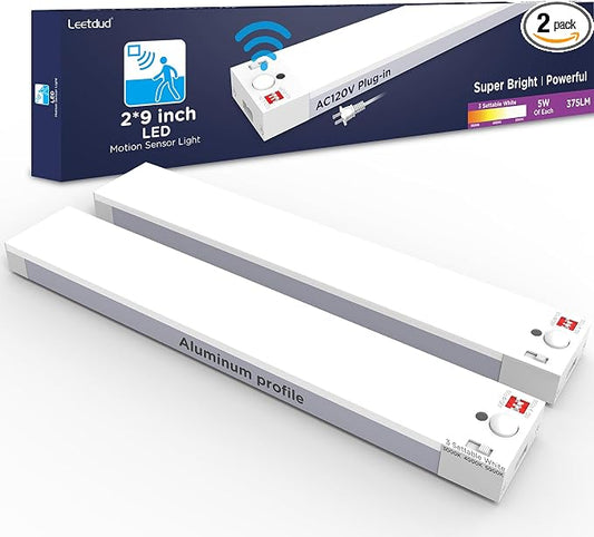 Leetdud Under Cabinet Lighting Plug in 9 Inch, 120V Motion Sensor Lights Indoor, 3CCT 3000/4000/5000K, Aluminum Linkable Super Bright LED Counter Light with Timer for Kitchen, Shelf, Closet, 2 Pack