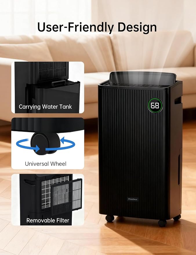 PHILODECO 4500 Sq.Ft Dehumidifier with Drain Hose Max 80 Pint, for Basement, Bathroom, Bedroom, Automatic Defrosting, Intelligent Humidity Control with 24HR Timer, Smart Quiet Dehumidifiers, Black