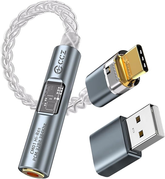 USB C to 3.5mm Audio Headphone Adapter with CX31993 MAX97220 Dual Chip Hi-Res DAC, Dongle usbc to Aux Adapter, CCZ CM01 8 Strand Single Crystal Copper Silver-Plated IEM Cable for KZ ZS10 PRO (Blue)