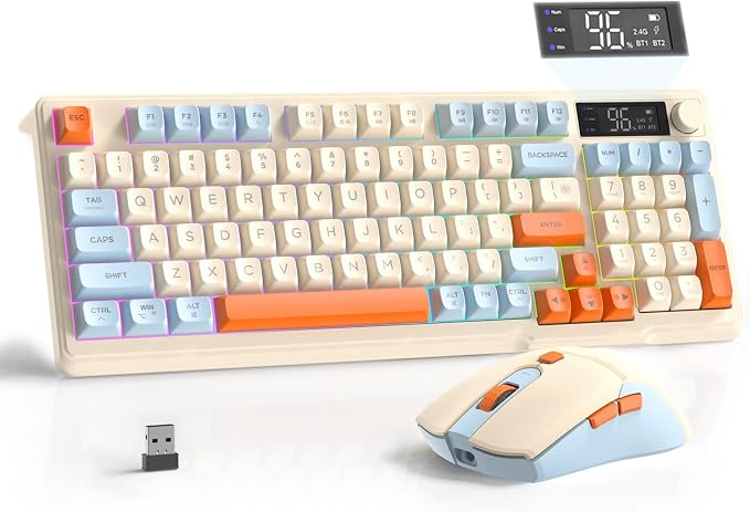 FREEWOLF T96 Smart Display Wireless Gaming Keyboard and Mouse Comb, 94Key LED Lighting Rechargeable Silent Membrane Keyboard with Knobs, 2000mAh Battery, 6-Button 4KDPI Mouse for Win/Mac(Blueberry)