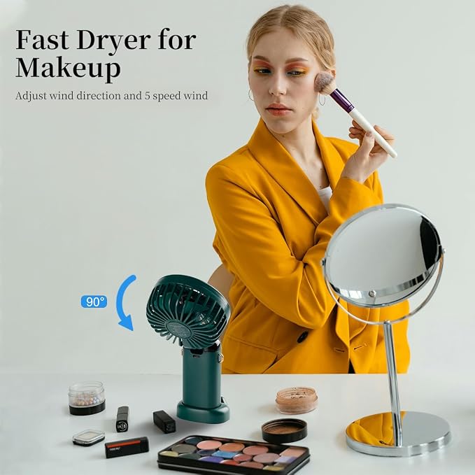 Portable Handheld Fan, 12 hours, Upgrade 3200mAh Mini Fan Handheld with LED Display, 90° Foldable, 5 Speed Wind,Hand Held/Neck/Desk 3 in 1 Hand Held Fans, Makeup Fans for Women (Green)