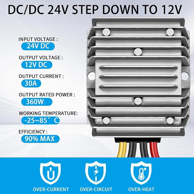 DC 24V Step Down to 12V 30A 360W DC Converter Regulator Voltage Regulator, 12V Converter, IP67 Waterproof Power Supply Module Buck Transformer for Golf Cart Forklifts Car Truck Boat Vehicle