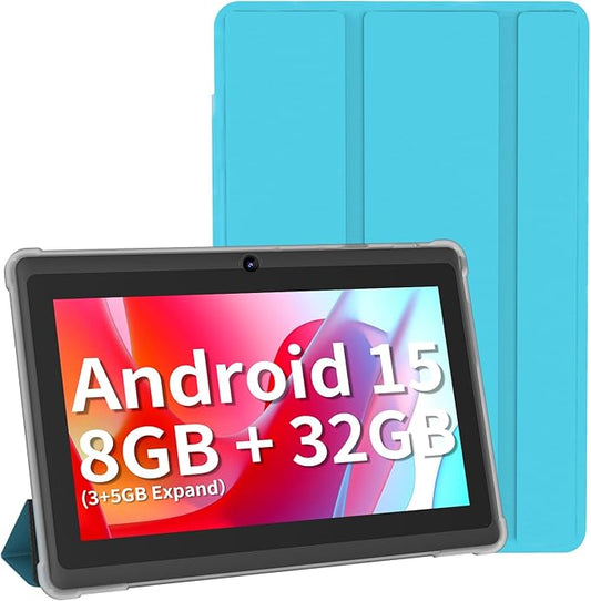7 Inch Tablet with Case, Five Core Android 15 Tablets, 8GB RAM 32GB ROM 512GB Expand, 1024x600 IPS HD Display, 3500mAh,Dual Camera, USB C Tablet PC (Blue)