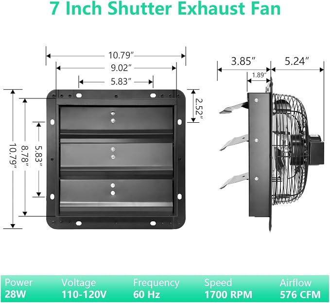 7 Inch Shutter Exhaust Fan,Wall Mount Ventilator Fan with ON/OFF Switch,Attic Chicken Coops Vent Fan for Greenhouse, Gable, Barn, Garage, Shed,Ventilation Fans 576 CFM,1700 RPM