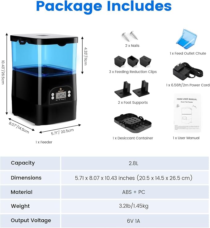fishkeeper Automatic Fish Feeder for Pond - Weather-Resistant and Tip-Proof Design Precision Feeding for Vacation Dispenser with Timer, Outdoor Koi Fish Feeder, 2.8L LCD Display (Blue)