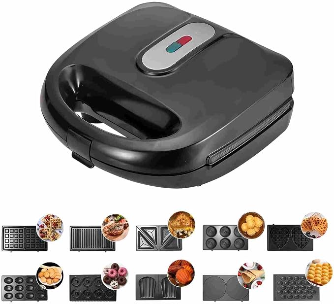 10 in 1 Panini Press Sandwich Maker 750W,Egg Sandwich Maker Panini Press with Removable Non-Stick Paltes,Cool Touch Handle,Easy to Clean,for Making Breakfast,Egg,Mini Waffle,Kitchen Appliances,Black