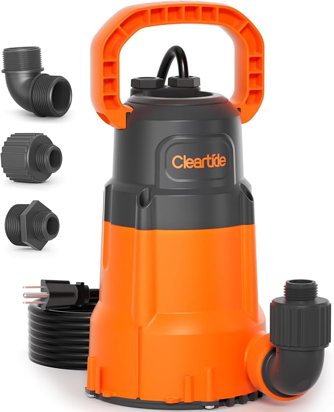 Cleartide Submersible Utility Water Pump, 2160 GPH Portable Sump Pump with Copper Motor, Plug and Work for Pond, Garden Watering, Pool Transfer, or Hot Tub Emptying