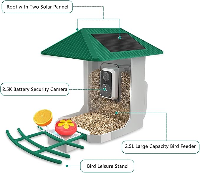 2.5K Smart Bird Feeder with Camera, 5GHz &2.4GHz Birds Watching Camera with AI Identify Bird Species, Outdoor Birds Feeder House with Solar Panel for BirdLovers (Green)