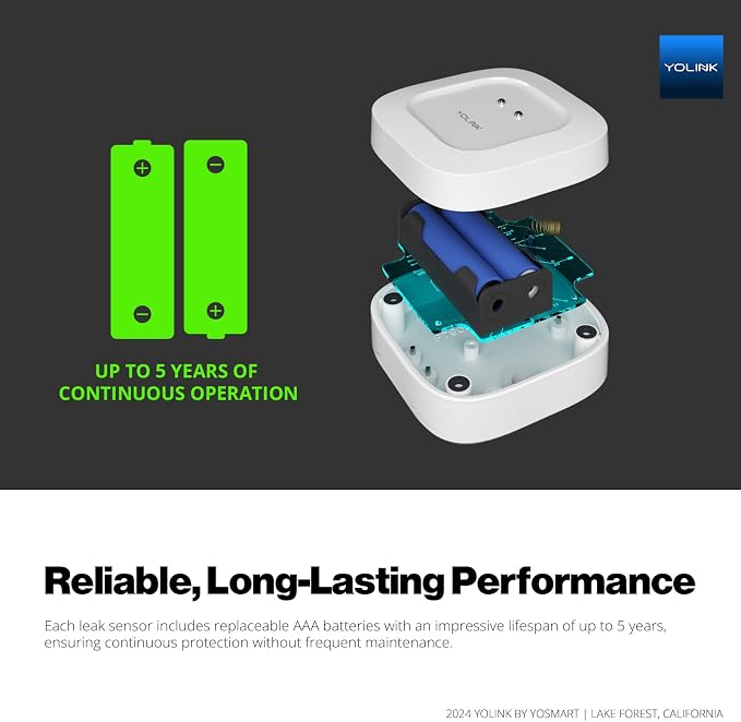 YoLink Smart Home Leak Detection Starter Kit – Hub + 4 Water Leak Sensors (0 dB), LoRa Long-Range, Alexa & IFTTT Compatible, Instant App/SMS/Email Alerts, Up to 5-Year Battery