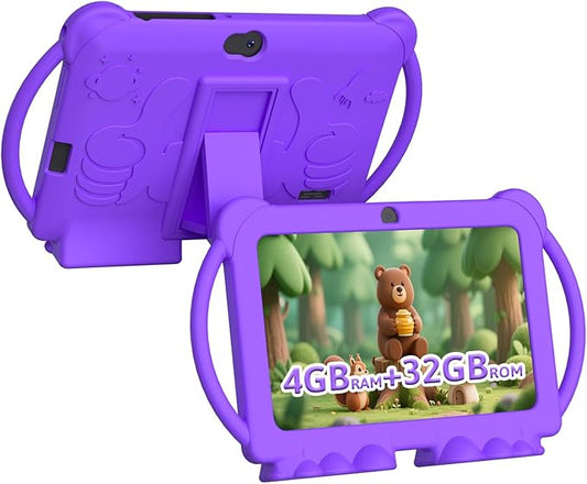 HOTTABLET Kids Tablet 7 inch Android, 4GB RAM 32GB ROM, 1TB Expandsion, with Parental Control, WiFi, Bluetooth, Dual Camera with Silicone Case, 1PCS (Purple)