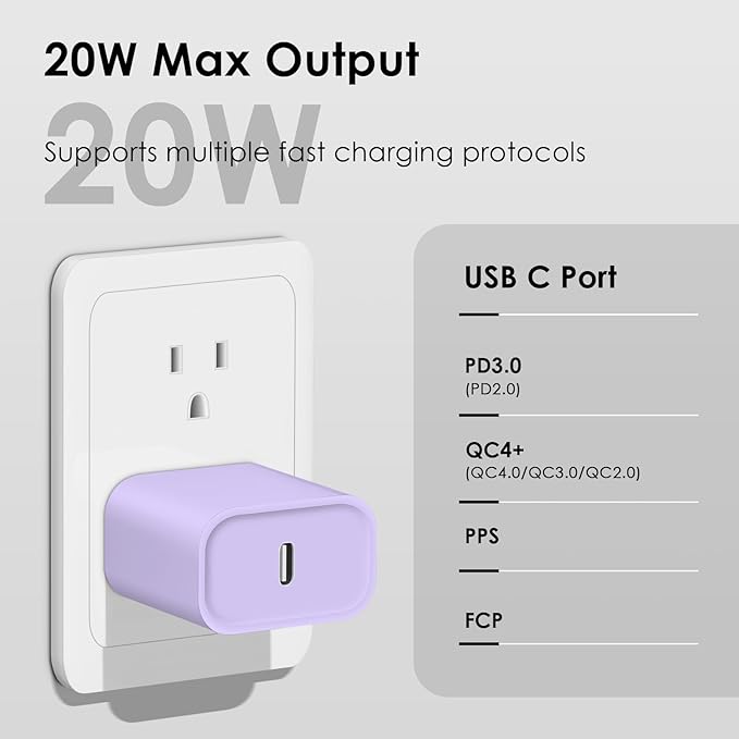 Phone 14 13 12 Fast Charger for Phone 14/14 Pro/13/13Pro Max/12/12 Pro Max/11/XS/XR/X/8Plus(Purple)