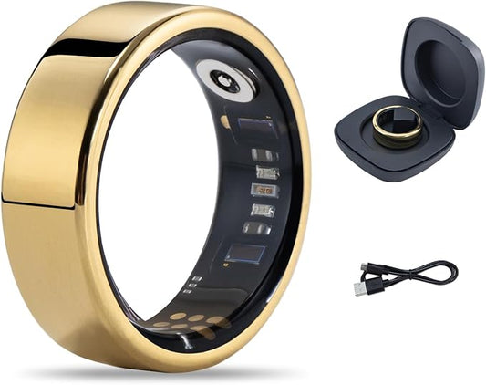 Fitness Tracker Ring, Smart Ring Health Tracker with Heart Rate, Blood Oxygen, Sleep Monitor, Calories, No Subscription Fee, IP68 Waterproof for iPhone & Android (Gold, #12)