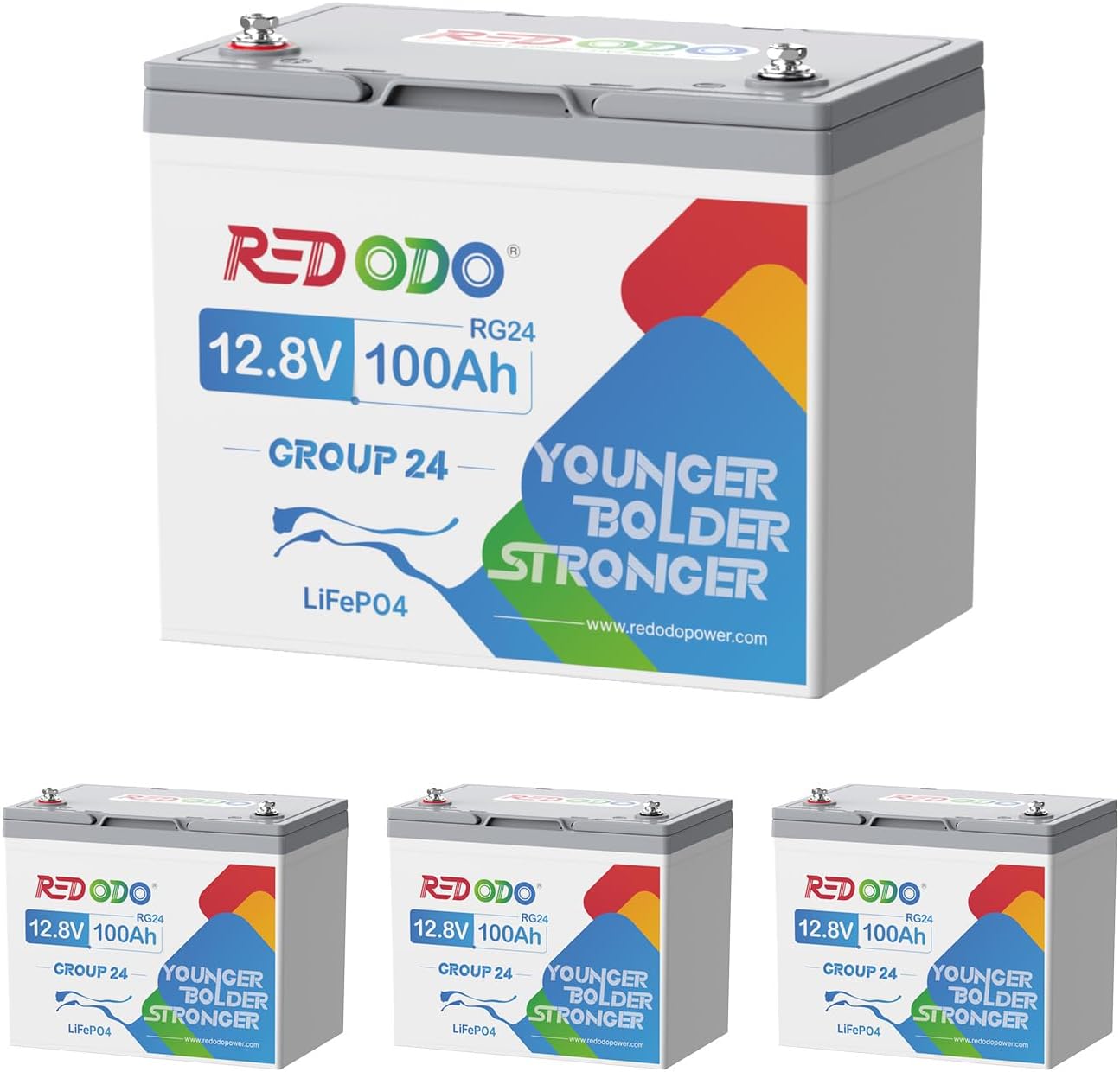 Redodo 4 Pack 12V 100Ah Group 24 LiFePO4 Battery, 1280Wh Deep Cycle with 100A BMS, 4000+ Cycles Lithium Rechargable Battery for All RVs, Van, Camper, Solar Power Storage, Off-Grid