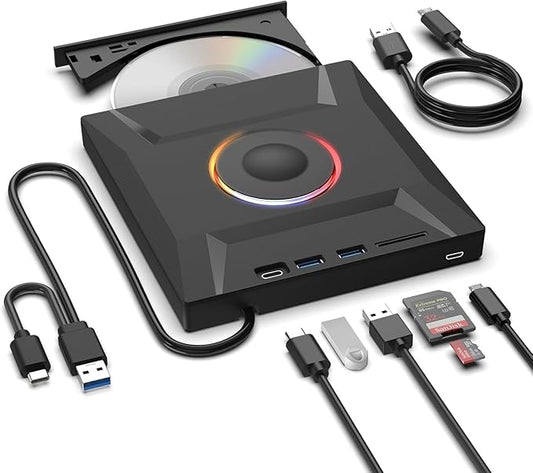 External CD DVD Drive,7 in 1 USB 3.0 and Type-C Disc Reader Writer Burner Player,Slim and Portable CD DVD +/-RW Optical Drive for PC Laptop Desktop MacBook Mac Windows Linux OS Apple