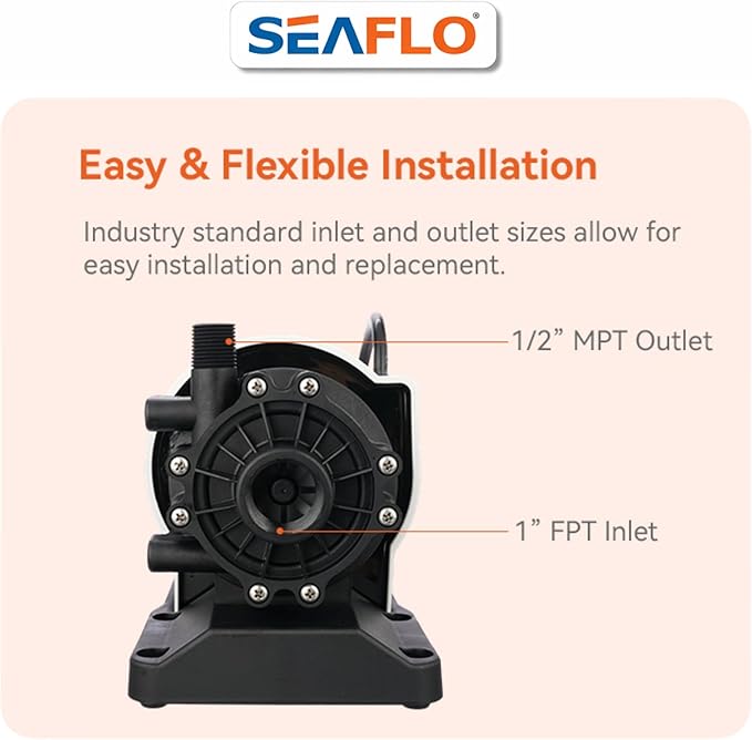 SEAFLO 1000 GPH Air Conditioning 230V Marine AC, 16.6 GPM Magnetic Drive Circulation Pump for Systems up to 45,000 BTU, 26.9 ft Head, Continuous Duty HVAC, 4-Year Warranty