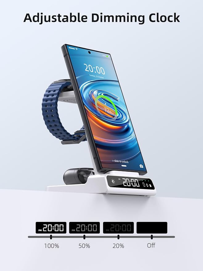 Wireless Charger for Samsung Charging Station: 3 in 1 Android Charging Stand with Dimmable Clock - Nightstand Organizer for Galaxy S25 Ultra, Galaxy Watch 8 7 6 5 4, Galaxy Buds (Not for iWatch)