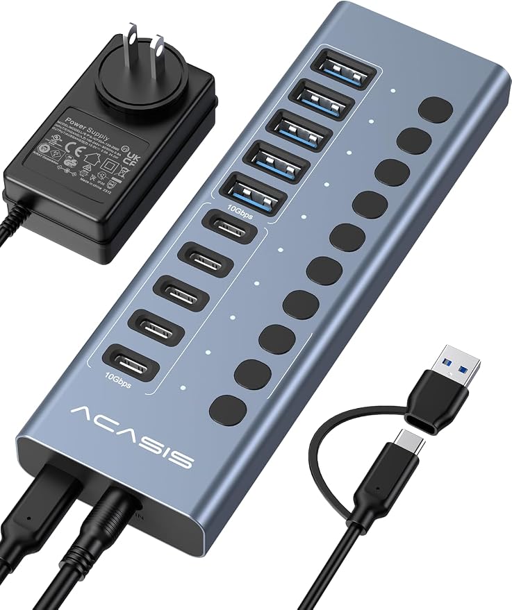 Powered USB 3.2 Hub, ACASIS 10 Ports USB 3.2 Hub(5 USB-A 3.2 Ports+5 USB-C 3.2 Ports), Aluminum USB Hub Powered with 48W Power Adapter, USB Hub for PC/Laptop, Computer, Flash Drive, Printer, Camera