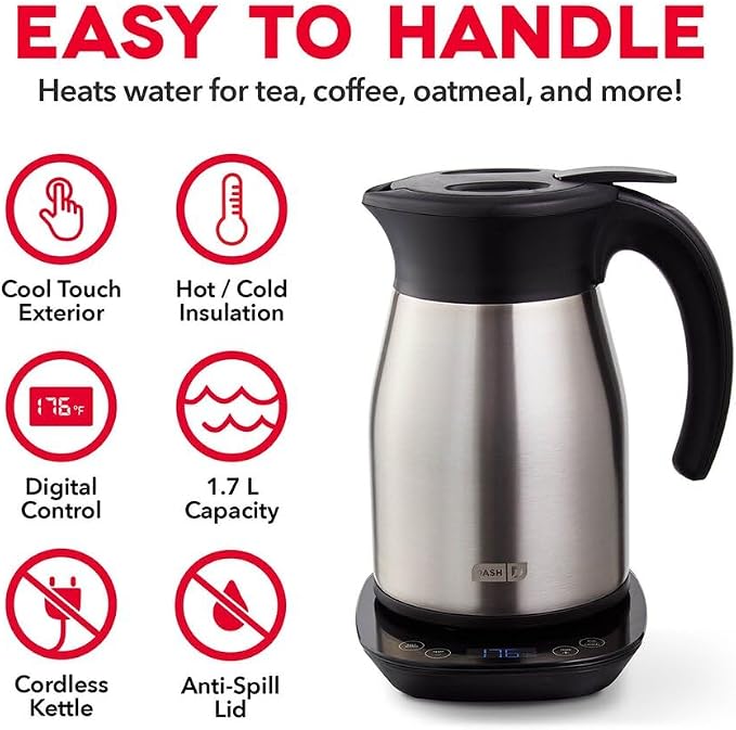 Dash Insulated Electric Kettle, 1.7L Stainless Steel Tea Kettle with Temperature Control, Keep Warm, Digital Display, Cool-Touch Exterior, Hot Water for Tea & Coffee, 1500W
