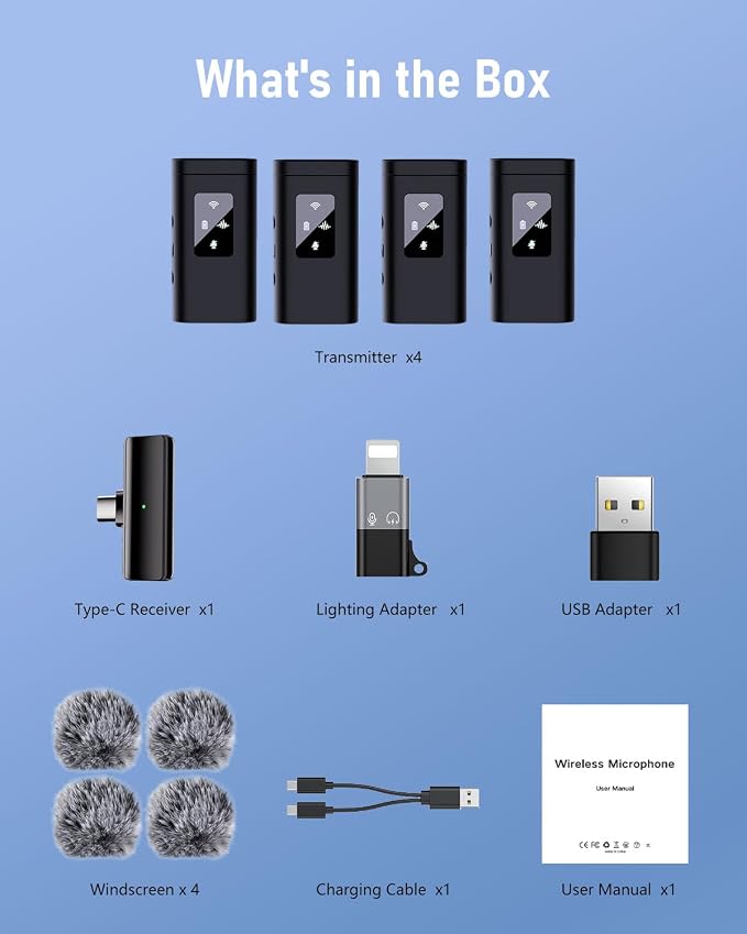 4 Wireless Lavalier Microphone for iPhone Android Phone Pad Computer, Pro Lapel Mini Microphone for Video Recording Vlog Podcast Stream YouTube TikTok, 48KHz 24Bit, Reverb,Noise Cancelling