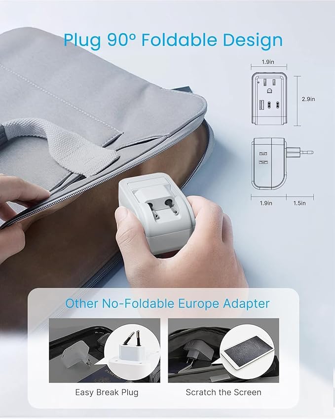 2 Pack European Travel Plug Adapter, VINTAR PD 35W Foldable Type C Adapter with 4 AC Outlets 3 USB Ports(2 USB C), Travel Essentials Charger for US to Most of Europe EU Italy Spain France