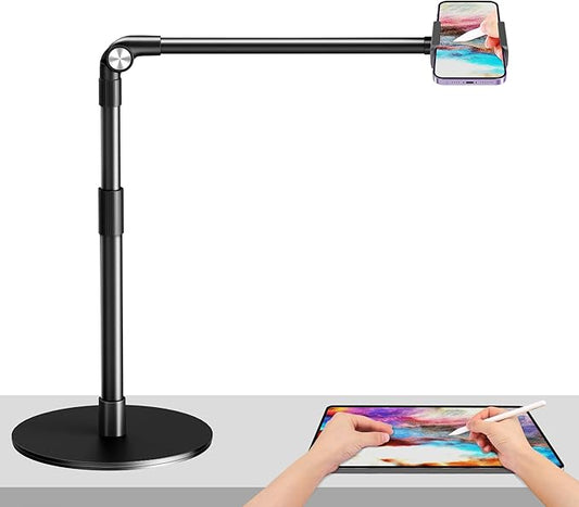 elitehood Heavy Duty Aluminum Overhead Phone Stand, 15 in Long Arm iPhone Holder for Video Recording, 360 Degrees Swivel Tilt Overhead Phone Mount for Filming, Meeting, Cooking, Painting and Crafting