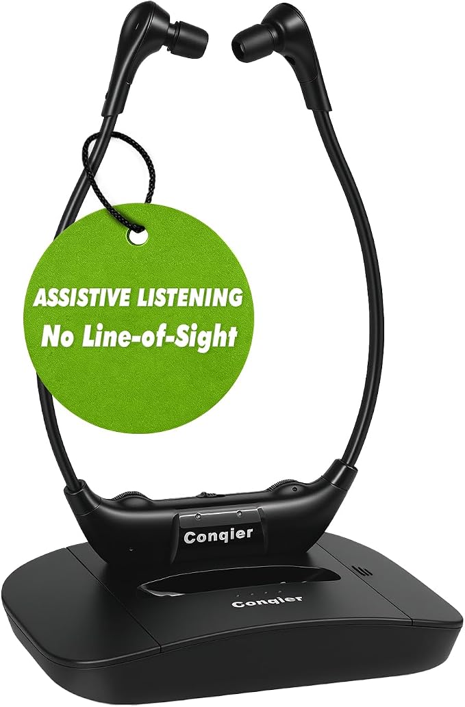 Conqier 2.4G Digital Wireless TV Headphones - for Seniors - 164FT Range No Signal Drop, Voice Enhancer & 3 Tone, L/R Balance, Spare Battery, Stereo TV Headset Works with Most TVs - Headphone No Delay