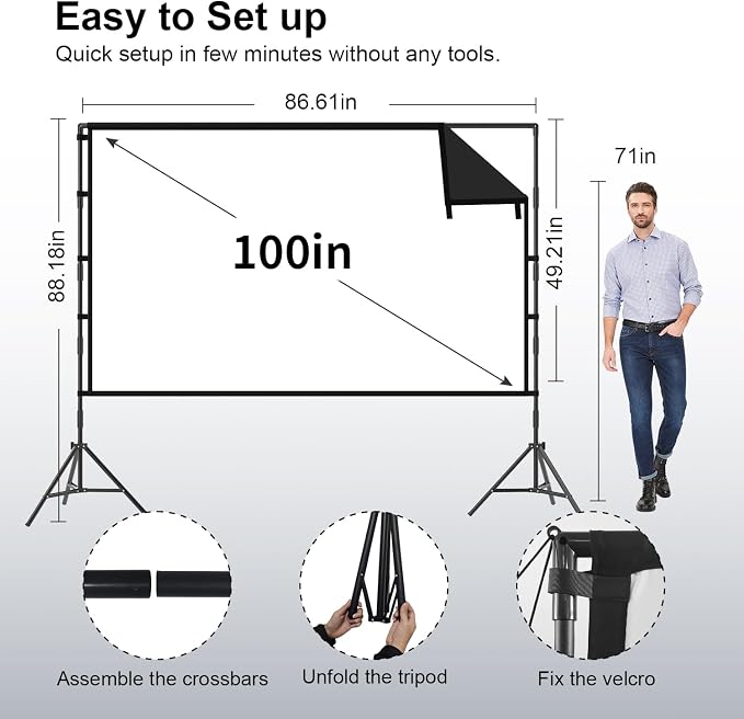 Projector Screen with Stand, TOWOND 100 inch Portable Projector Screen Black Backing, Outdoor Movie Screen 16:9 4K HD Wrinkle-Free Projection Screen with Carry Bag for Backyard Sports Viewing Parties