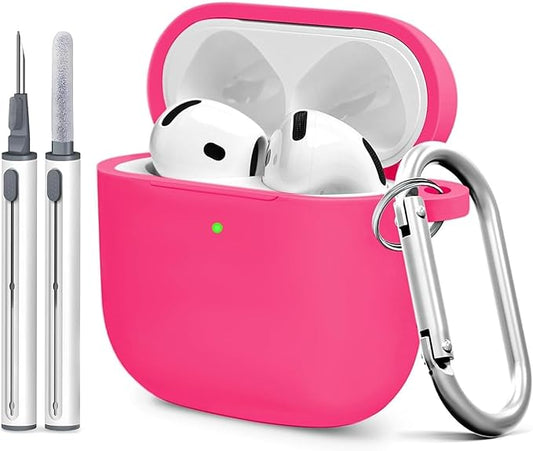 Silicone Case Cover for AirPods 4th Gen, Soft Skin, Full Protection, Keychain, Cleaner Kit (Pink Red)