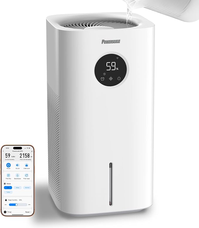 Powerscale MF6 Evaporative Humidifiers for Bedroom, 1.8 Gal Top-Fill, Up to 700mL/h Mist-Free Output, WiFi Smart Touchscreen Control, Auto Filter Dry, Electrolysis Self-Clean, Quiet Sleep Mode