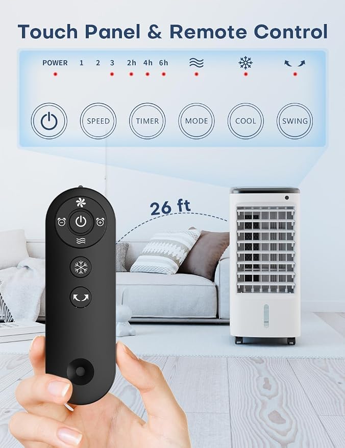 Evaporative Air Cooler, Swamp Cooler Air Conditioner w/ 12H Timer for Auto-off, 6 Upgraded Ice Packs, 3-Speed Windowless Air Conditioner, Smart Remote, Dual Tank Portable Air Cooler for Room