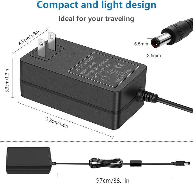 SHNITPWR 24V 2A Power Supply Adapter, Pack of 2 100~240V AC to DC 24 Volt 2000mA 48W Converter Transformer with 5.5x2.5mm DC Tip for 5050 3528 LED Strip 3D Printer CCTV Security System LCD Monitor