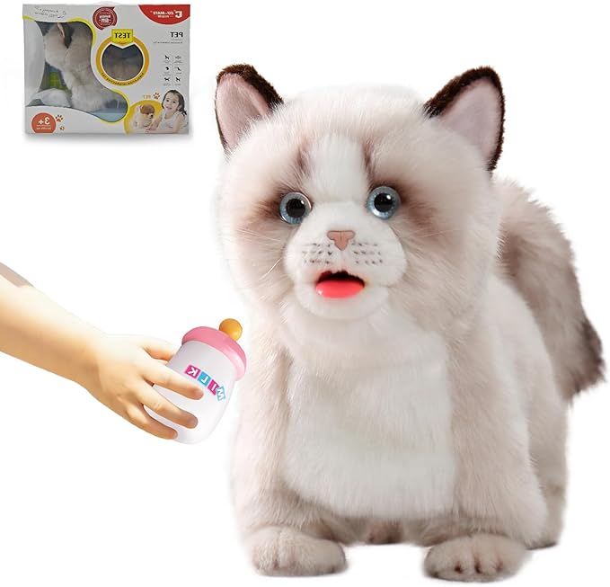 CU-MATE Electronic Stuffed Walking Cats, Realistic Interactive Pet Toy Cat, Walking, Barking, Wagging Tail & Talking, Present Gifts for 3+ Year (Ragdoll Cat)