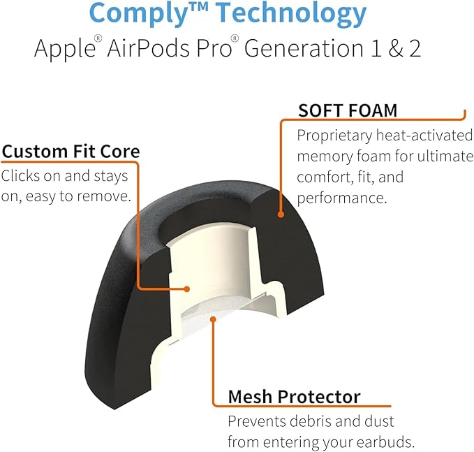 Comply TrueGrip | Premium Memory Foam Replacement Earbud Tips for Apple AirPods Pro 1 & 2 | Enhanced Comfort, Secure Fit, Superior Noise Isolation, Removal & Cleaning Tool | Black, Large (3 Pairs)