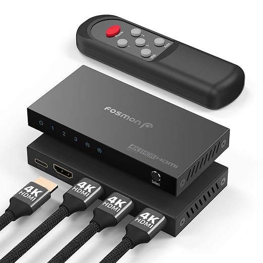 Fosmon 3-Port HDMI 4K Switch with Remote, Support 4K@60Hz HDCP 2.2 High Speed 18Gbps 3 in 1 Out Auto-Switching 3x1 HDMI 2.0 Switcher Splitter Hub Compatible with PS5, Xbox X, Apple TV