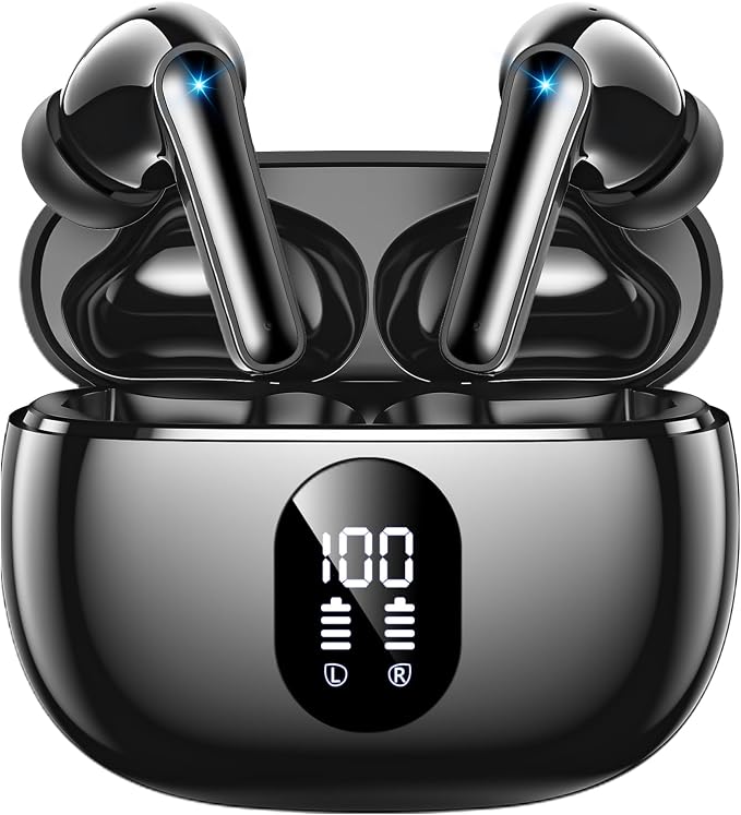 Wireless Earbuds Deep Bass Sound Ear Buds, Bluetooth 5.3 Headphones 48H Playtime, LED Display Earphones with Mic, IPX7 Waterproof Lightweight in-Ear Buds, Touch Control for iPhone TV LaptopJetBlack