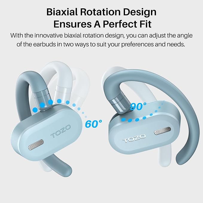 TOZO O2 True Open Ear Wireless Earbuds with Multi-Angle Adjustment, Bluetooth 5.3 Headphones with Bass Sound, Crystal-Clear Calls, 42 Hrs Playtime, Long-Lasting Comfort for Work, Driving, Sport Blue